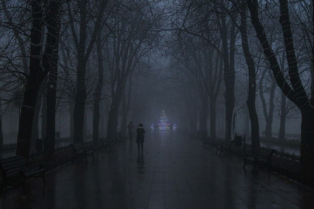 dark foggy alley at night