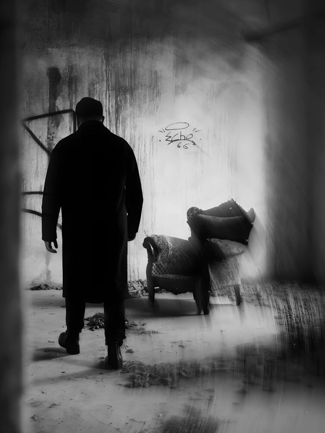 ghostly figure in dark room